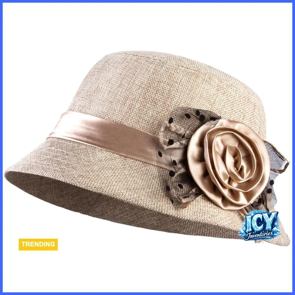 Vintage 1920s Linen Cloche Hat with Floral Adjustable Drawstring
